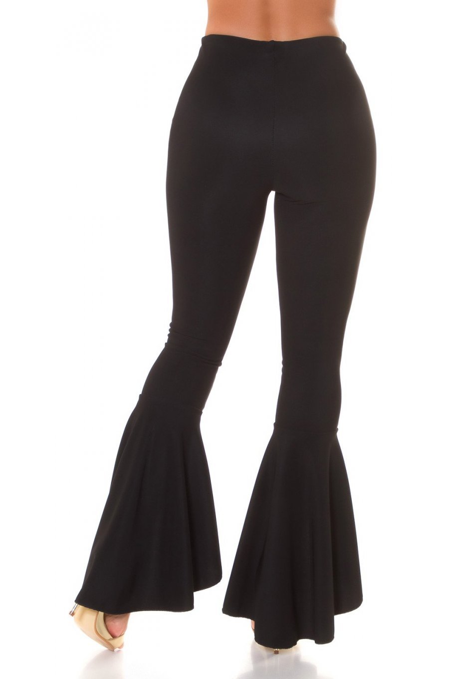 Pantaloni dama evazati, negri, cu volane si talie inalta, Flamenco 2 - jojofashion.ro