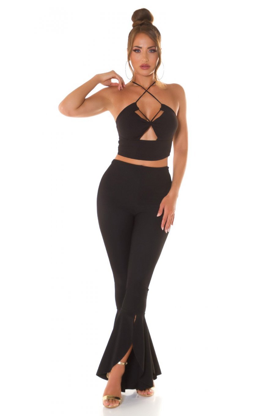 Pantaloni dama evazati, negri, cu volane si talie inalta, Flamenco 3 - jojofashion.ro