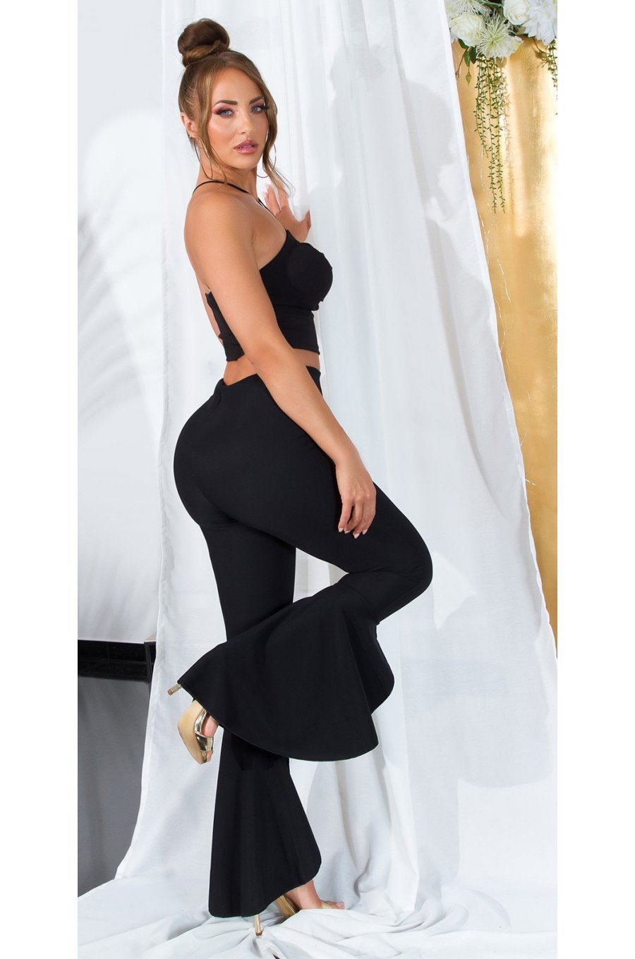 Pantaloni dama evazati, negri, cu volane si talie inalta, Flamenco 4 - jojofashion.ro