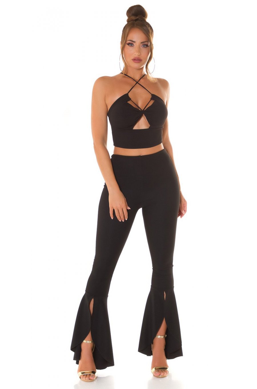 Pantaloni dama evazati, negri, cu volane si talie inalta, Flamenco 5 - jojofashion.ro