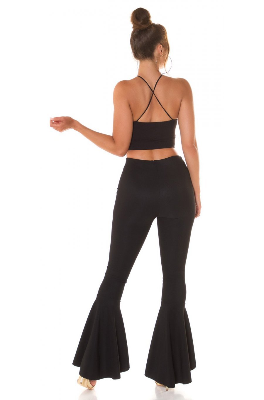 Pantaloni dama evazati, negri, cu volane si talie inalta, Flamenco 6 - jojofashion.ro
