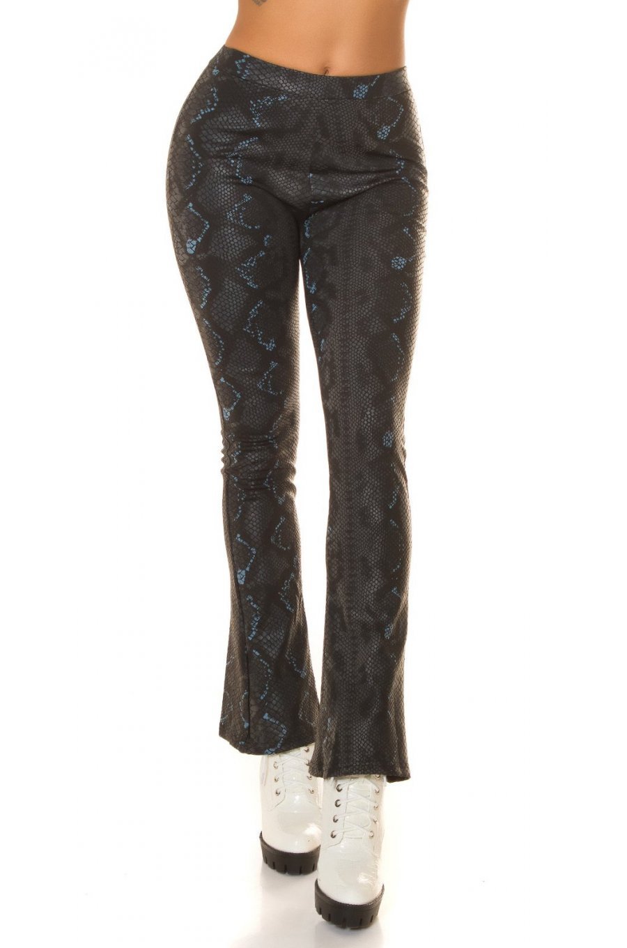 Pantaloni dama evazati, negri, piele eco, animal print snake, Zenka 1 - jojofashion.ro