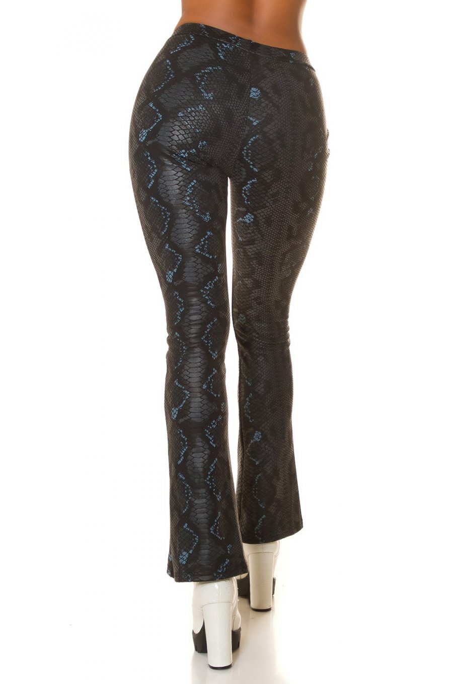 Pantaloni dama evazati, negri, piele eco, animal print snake, Zenka 2 - jojofashion.ro