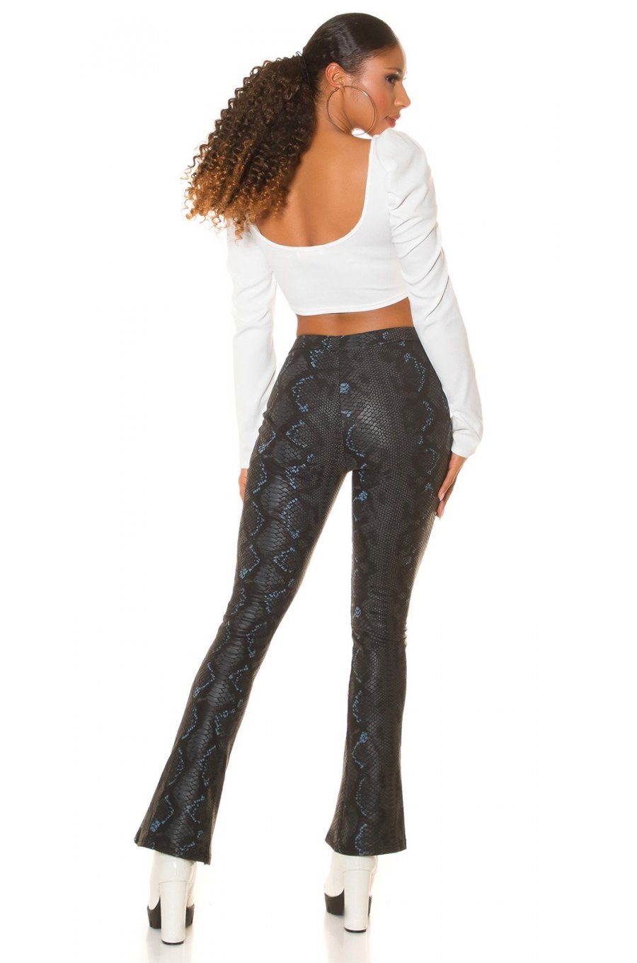 Pantaloni dama evazati, negri, piele eco, animal print snake, Zenka 6 - jojofashion.ro