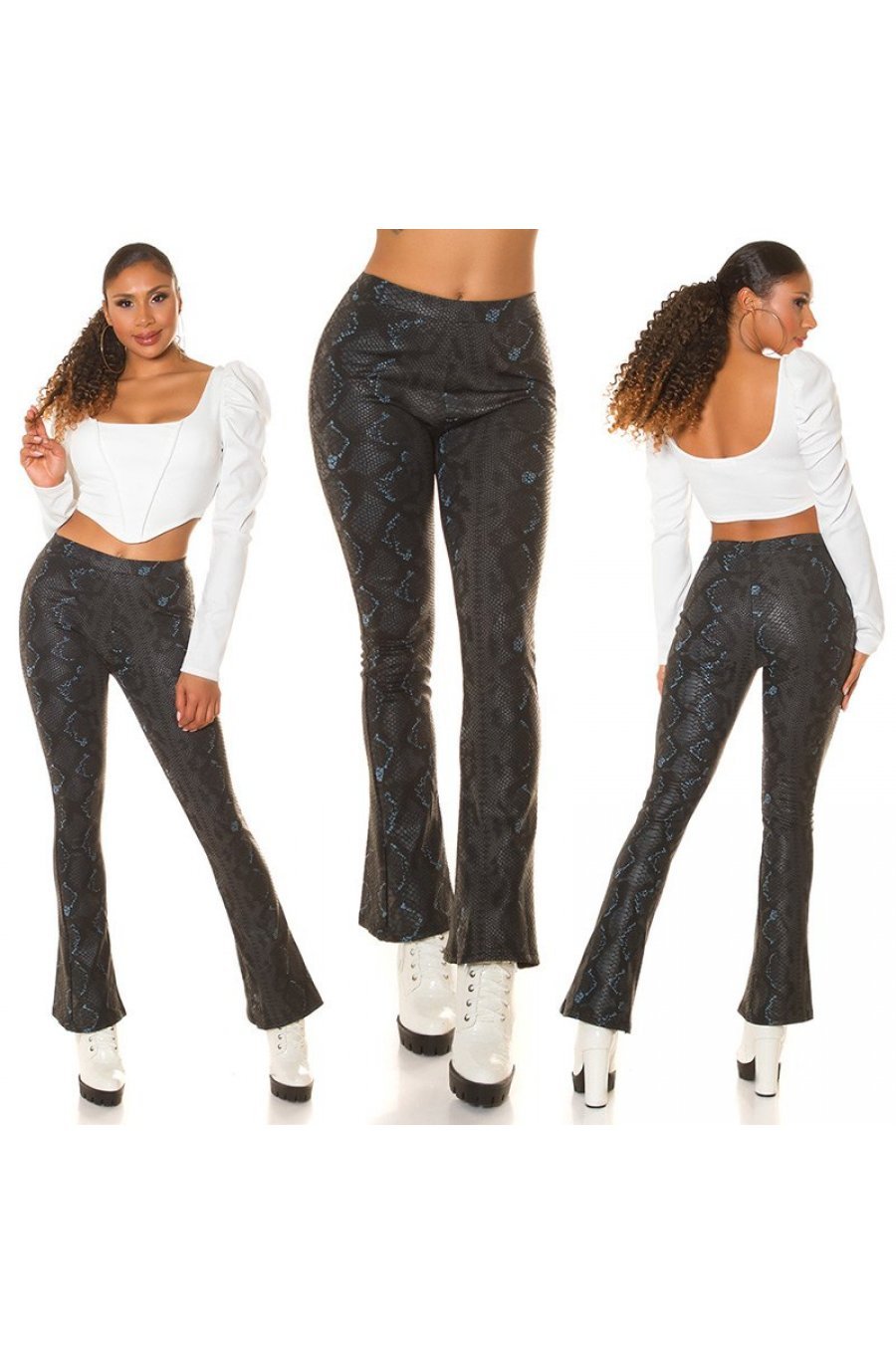Pantaloni dama evazati, negri, piele eco, animal print snake, Zenka 8 - jojofashion.ro