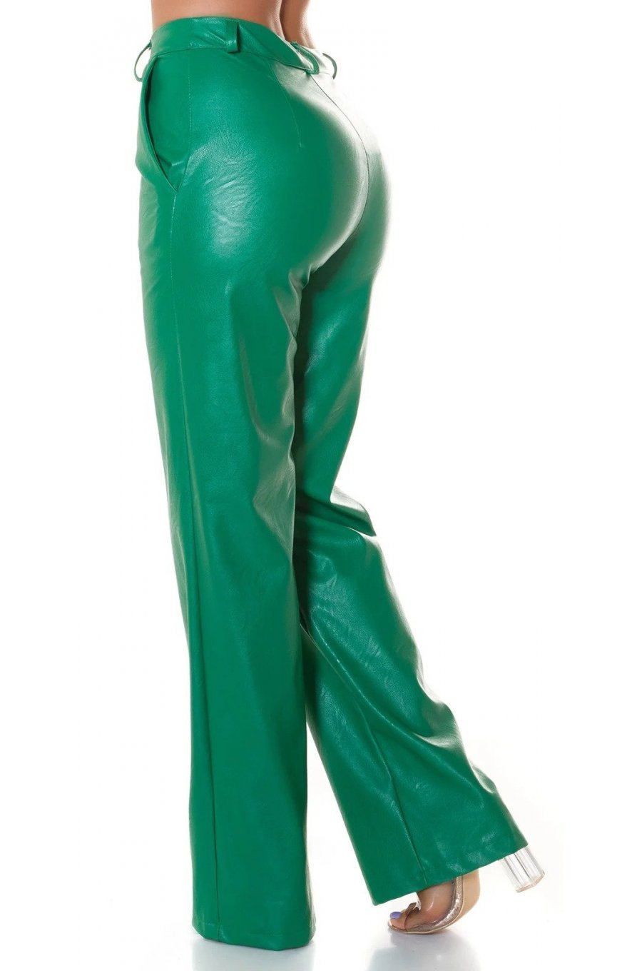 Pantaloni dama evazati piele eco verde Reyna 2 - jojofashion.ro