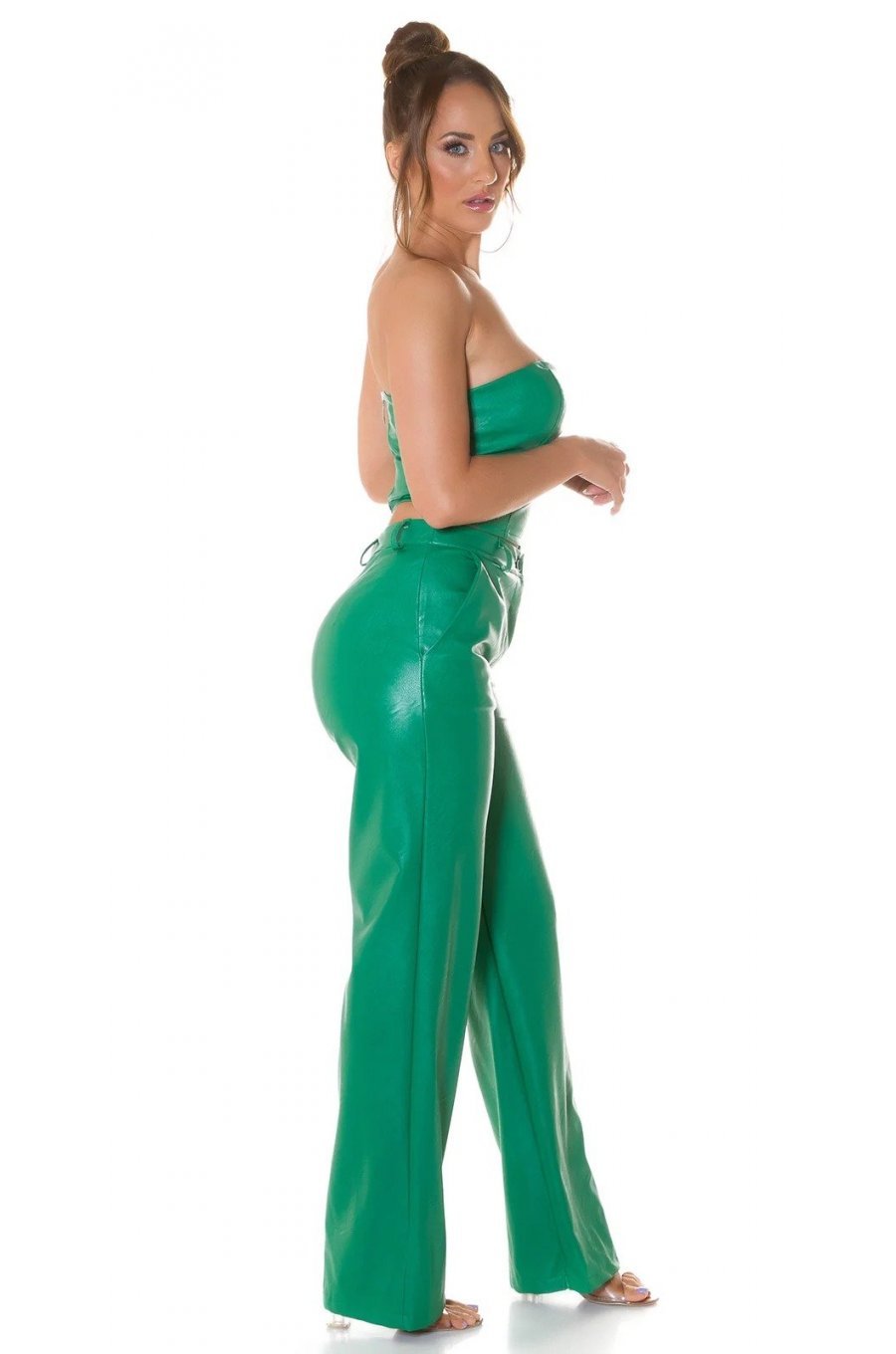 Pantaloni dama evazati piele eco verde Reyna 5 - jojofashion.ro