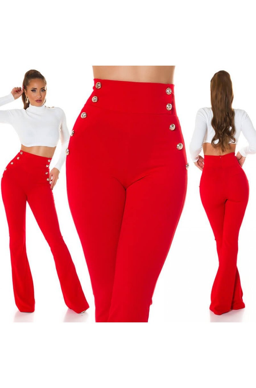 Pantaloni dama evazati rosii cu nasturi aurii Arya 4 - jojofashion.ro