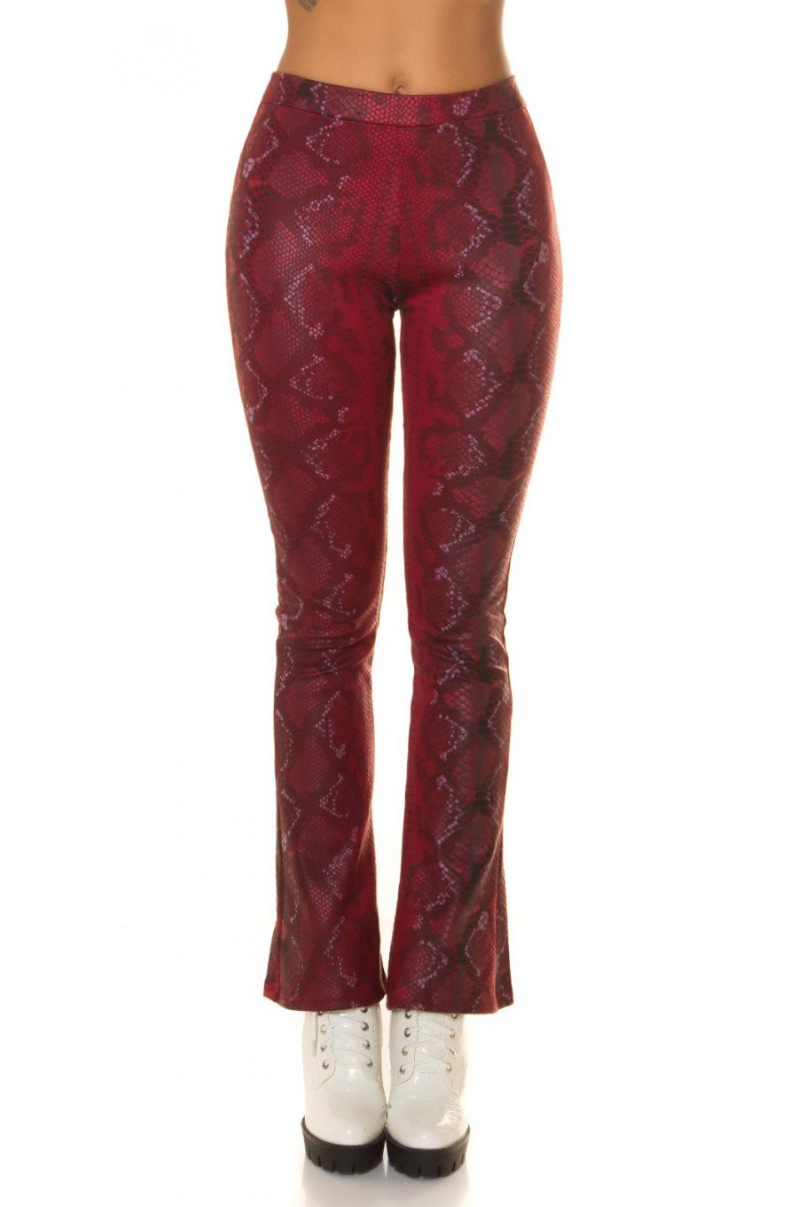 Pantaloni dama evazati, rosii, piele eco, animal print snake, Zenka 1 - jojofashion.ro