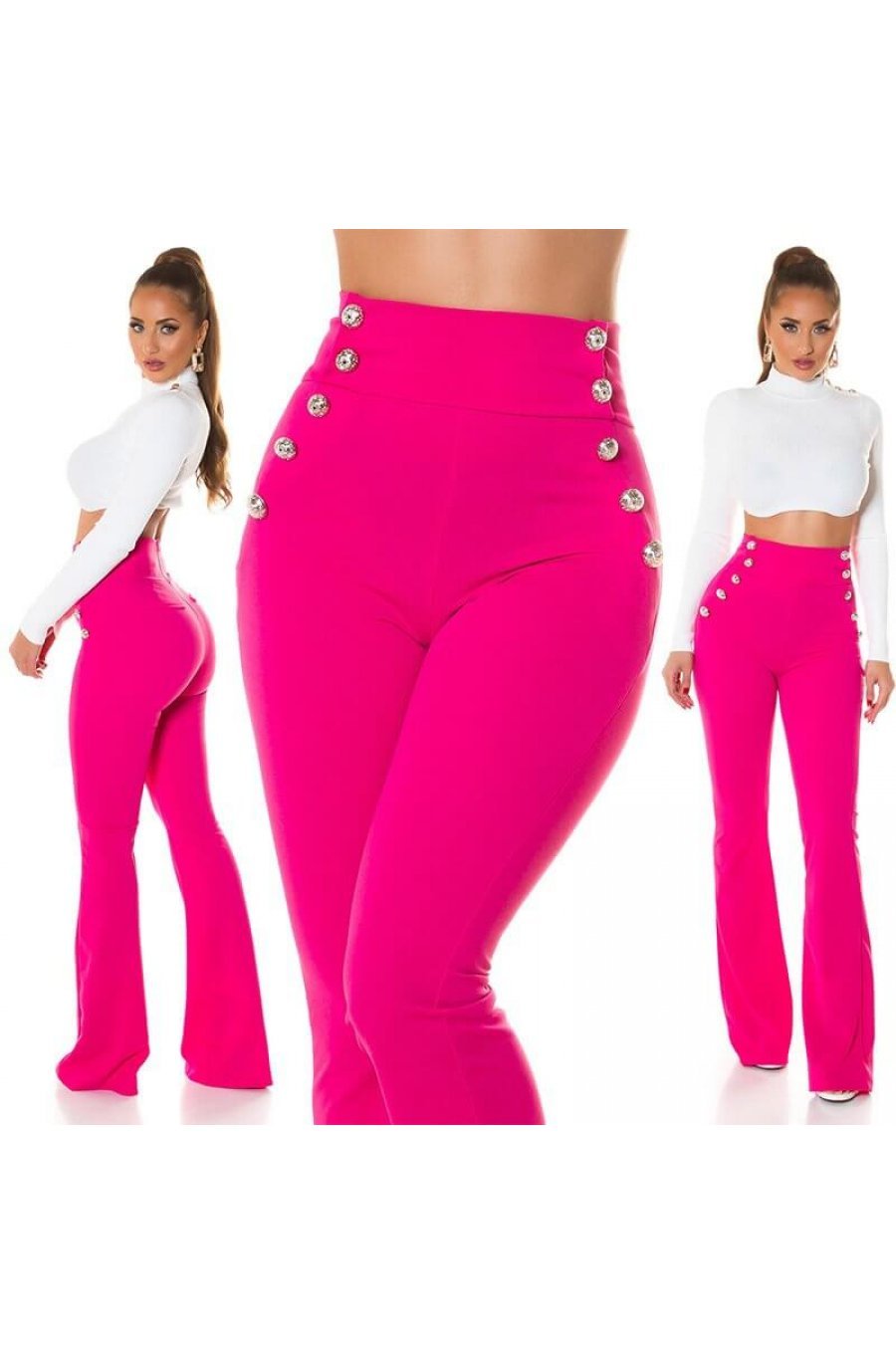 Pantaloni dama evazati roz cu nasturi aurii Arya Pantaloni dama evazati roz cu nasturi aurii Arya 4 - jojofashion.ro