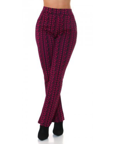 Pantaloni dama evazati, roz fucsia cu print negru, Selinn - jojofashion.ro