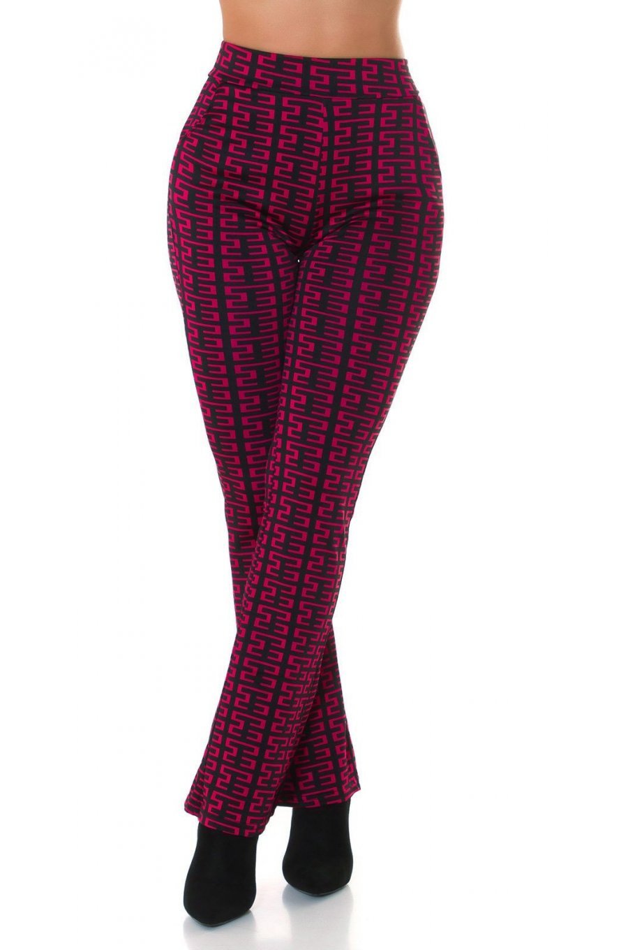Pantaloni dama evazati, roz fucsia cu print negru, Selinn Pantaloni dama evazati, roz fucsia cu print negru, Selinn 1 - jojofashion.ro
