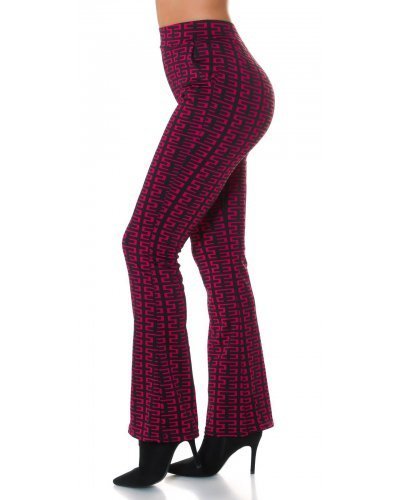 Pantaloni dama evazati, roz fucsia cu print negru, Selinn - jojofashion.ro