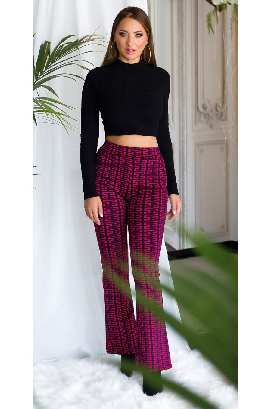 Pantaloni dama evazati, roz fucsia cu print negru, Selinn Pantaloni dama evazati, roz fucsia cu print negru, Selinn 3 - jojofashion.ro
