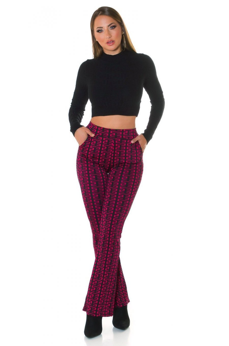 Pantaloni dama evazati, roz fucsia cu print negru, Selinn Pantaloni dama evazati, roz fucsia cu print negru, Selinn 5 - jojofashion.ro