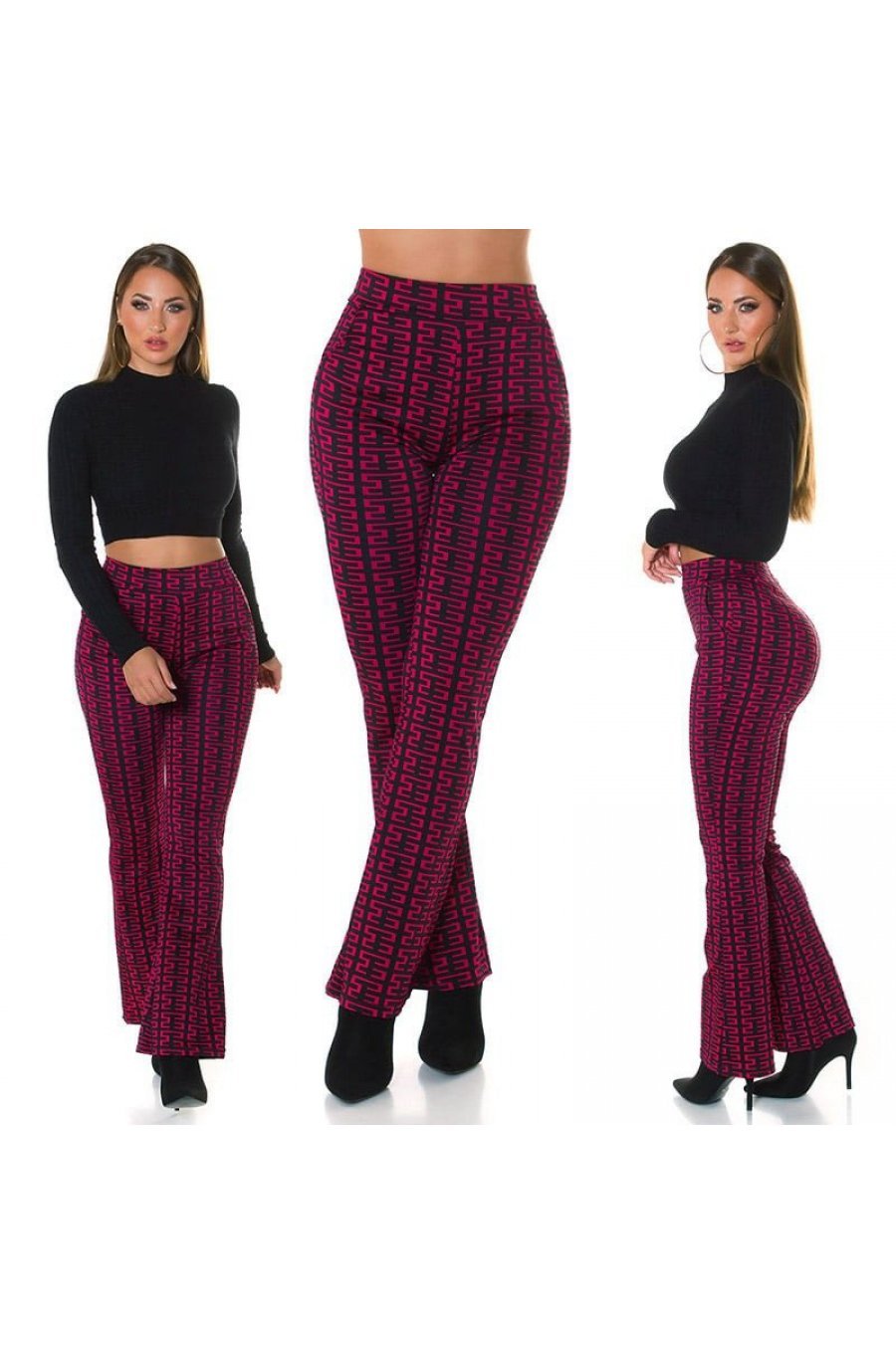 Pantaloni dama evazati, roz fucsia cu print negru, Selinn Pantaloni dama evazati, roz fucsia cu print negru, Selinn 7 - jojofashion.ro