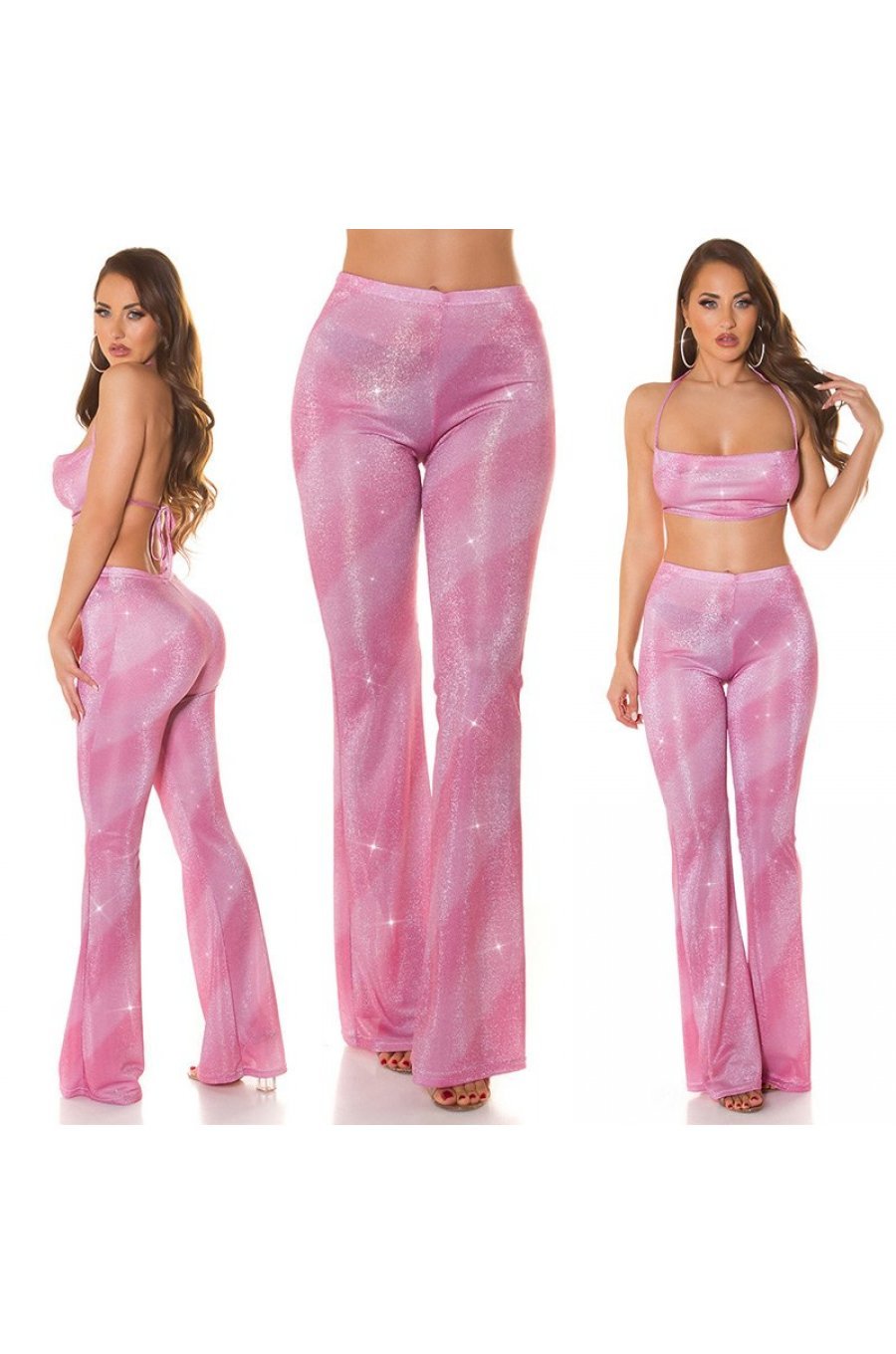 Pantaloni dama evazati, roz in degrade, glitter, Katyusha 6 - jojofashion.ro