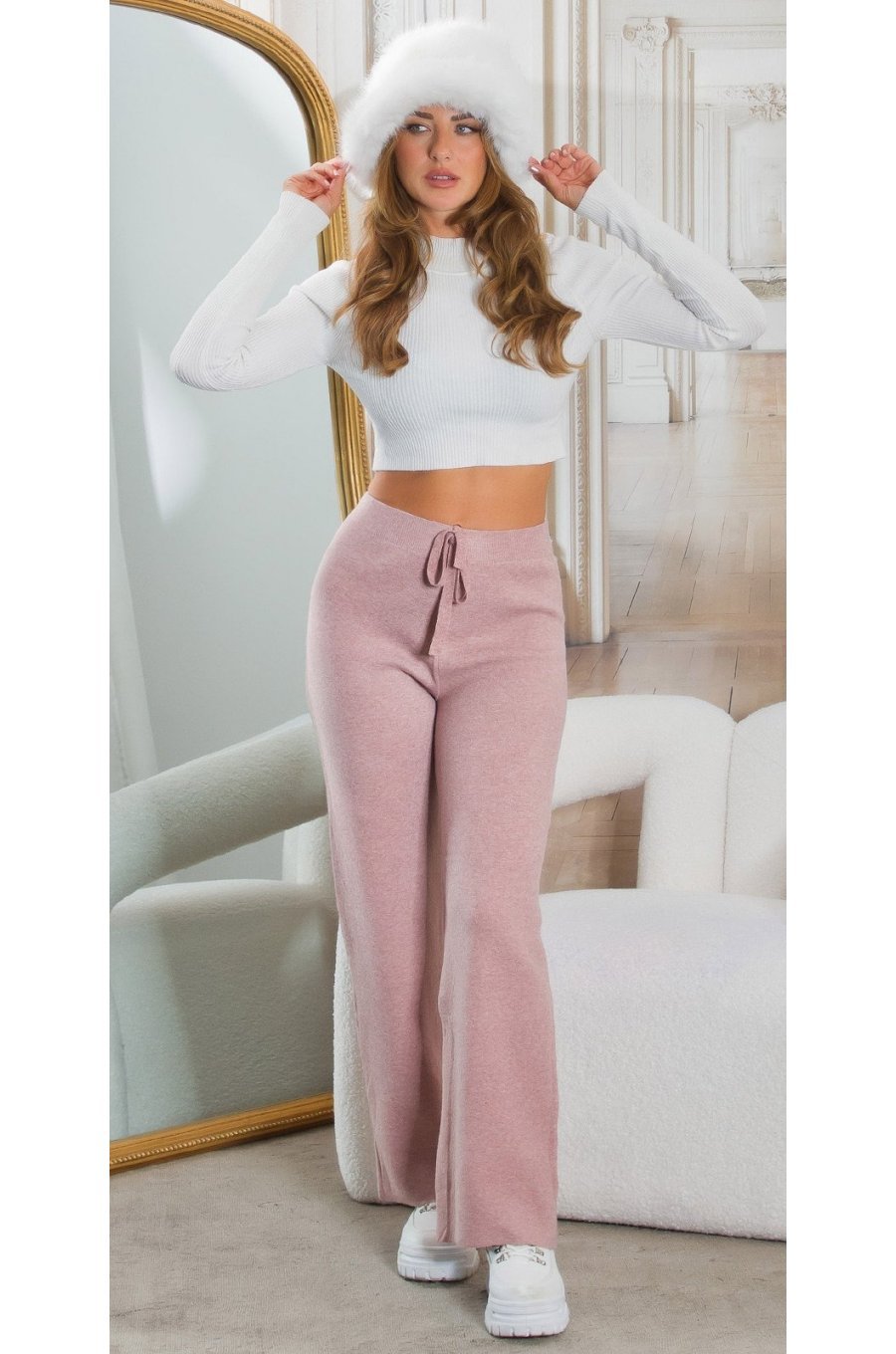 Pantaloni dama evazati, roz prafuit, din vascoza, cu talia inalta, Killya Pantaloni dama evazati, roz prafuit, din vascoza, cu talia inalta, Killya 3 - jojofashion.ro