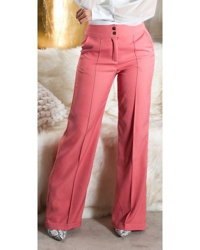 Pantaloni dama evazati, roz somon, cu talia inalta, Deussa - jojofashion.ro