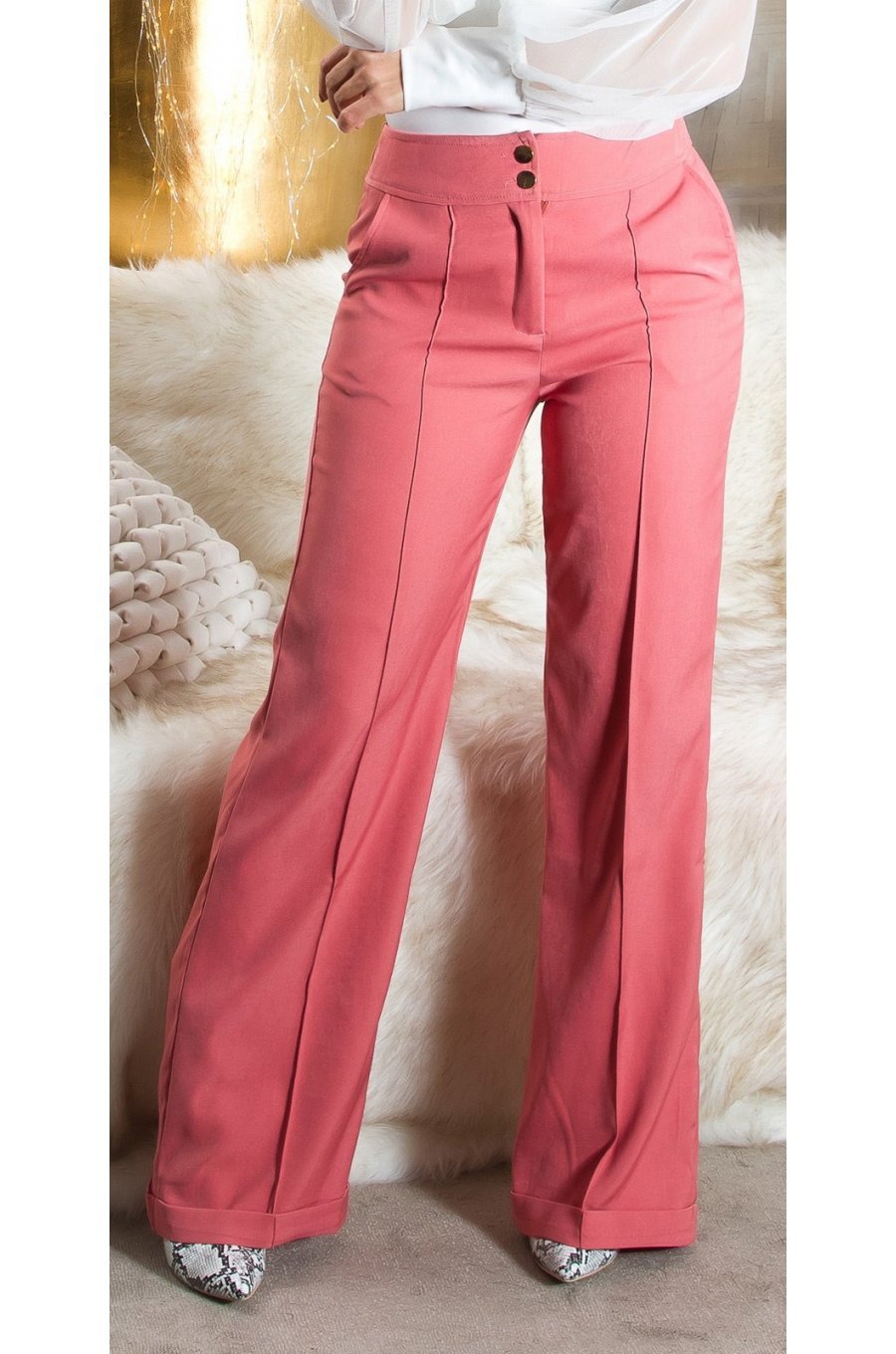 Pantaloni dama evazati, roz somon, cu talia inalta, Deussa Pantaloni dama evazati, roz somon, cu talia inalta, Deussa 1 - jojofashion.ro