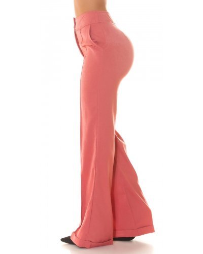 Pantaloni dama evazati, roz somon, cu talia inalta, Deussa - jojofashion.ro