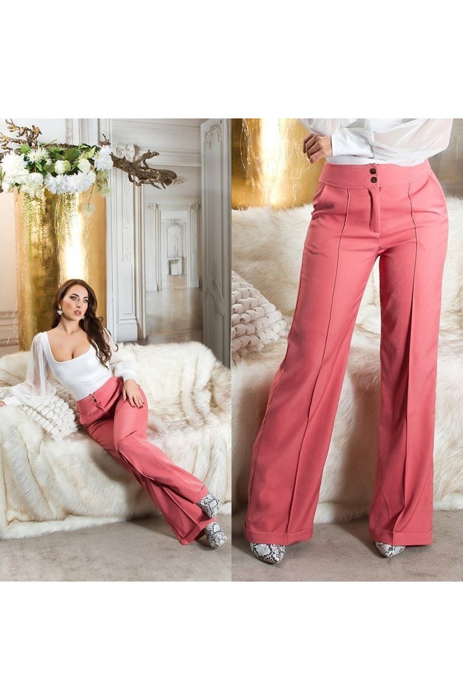 Pantaloni dama evazati, roz somon, cu talia inalta, Deussa 7 - jojofashion.ro