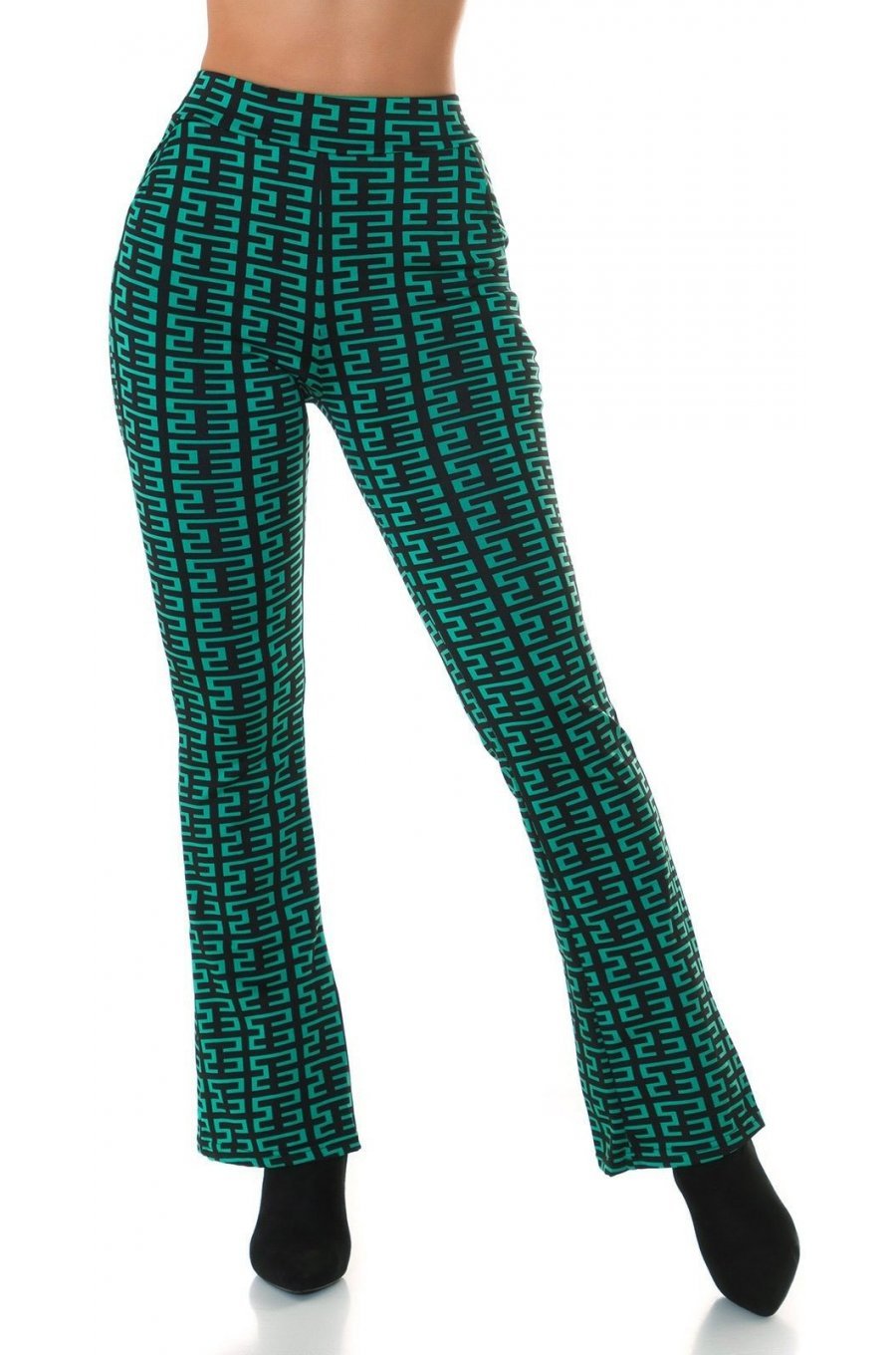 Pantaloni dama evazati, verzi cu print negru, Selinn Pantaloni dama evazati, verzi cu print negru, Selinn 1 - jojofashion.ro