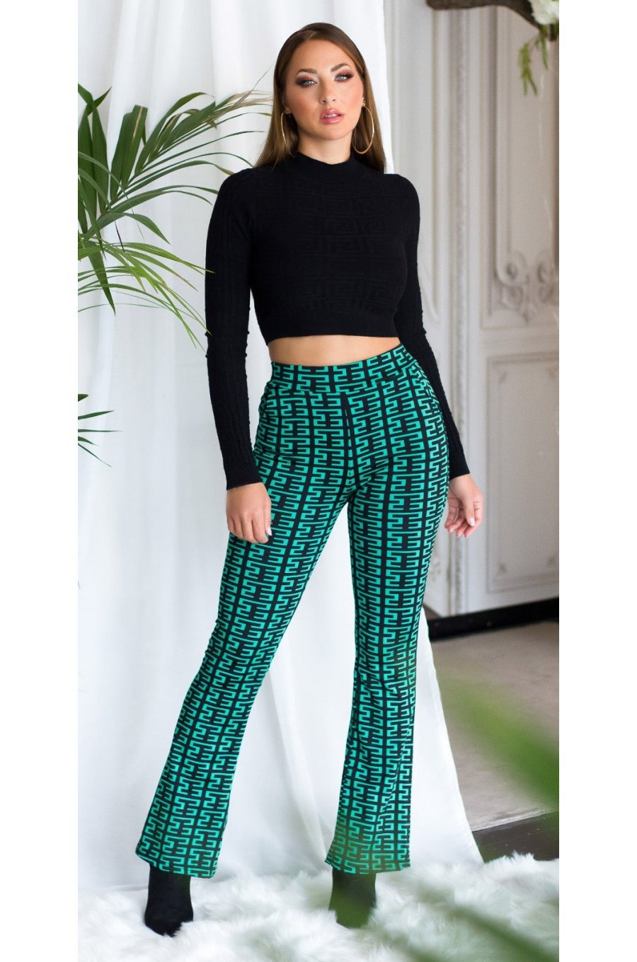 Pantaloni dama evazati, verzi cu print negru, Selinn Pantaloni dama evazati, verzi cu print negru, Selinn 3 - jojofashion.ro