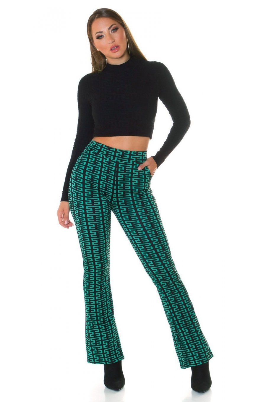 Pantaloni dama evazati, verzi cu print negru, Selinn Pantaloni dama evazati, verzi cu print negru, Selinn 5 - jojofashion.ro