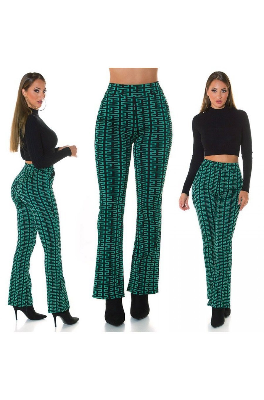 Pantaloni dama evazati, verzi cu print negru, Selinn Pantaloni dama evazati, verzi cu print negru, Selinn 8 - jojofashion.ro