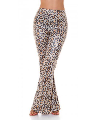 Pantaloni dama evazati WetLook animal print leopard Asya Tinute de club, Pantaloni dama evazati WetLook animal print leopard Asya - jojofashion.ro