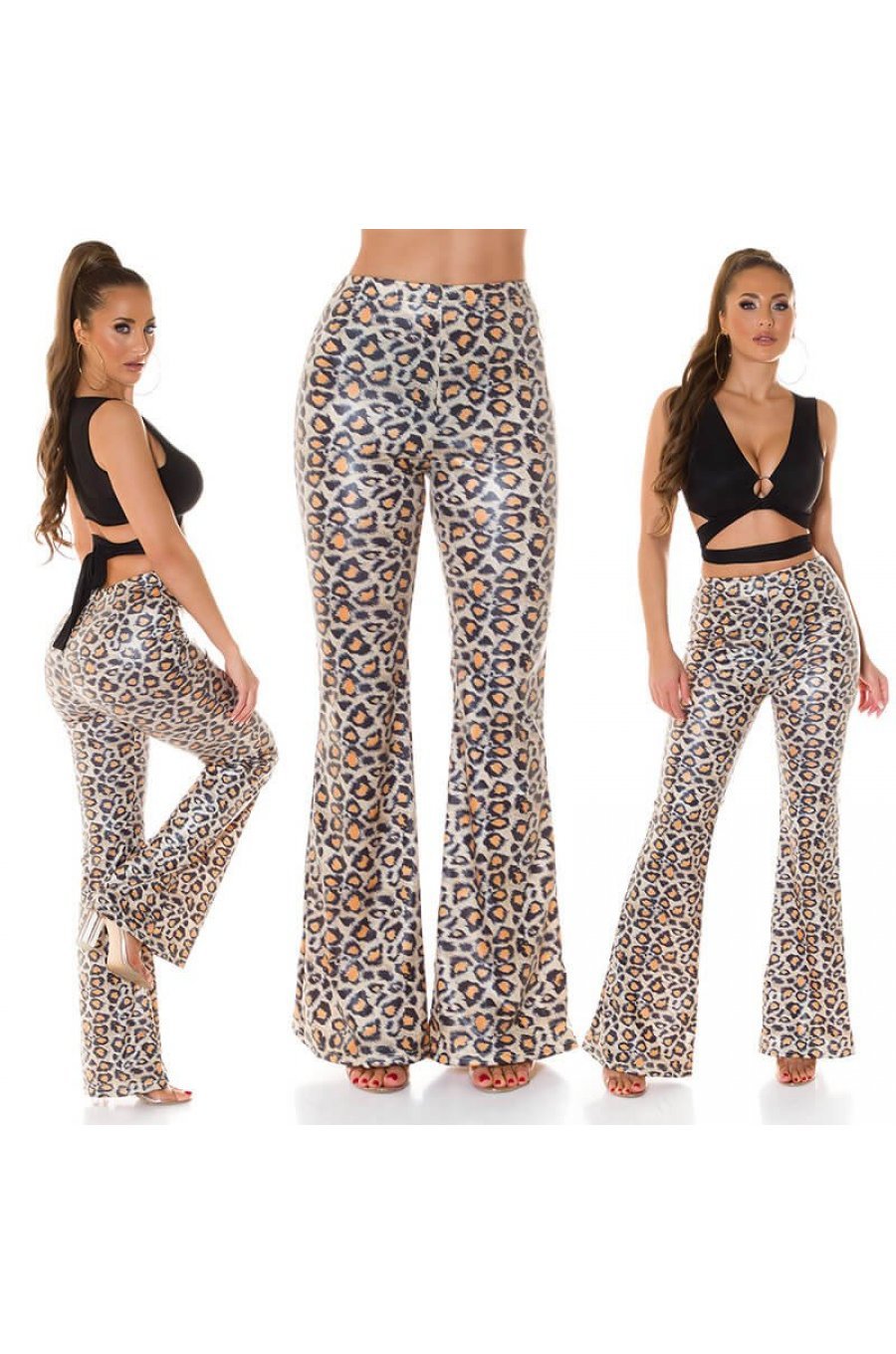 Pantaloni dama evazati WetLook animal print leopard Asya 5 - jojofashion.ro