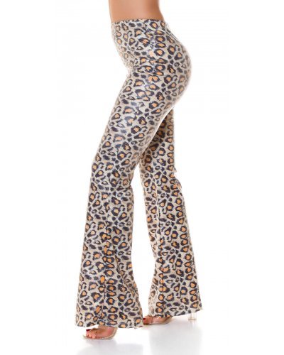 Pantaloni dama evazati WetLook animal print leopard Asya Tinute de club, Pantaloni dama evazati WetLook animal print leopard Asya - jojofashion.ro
