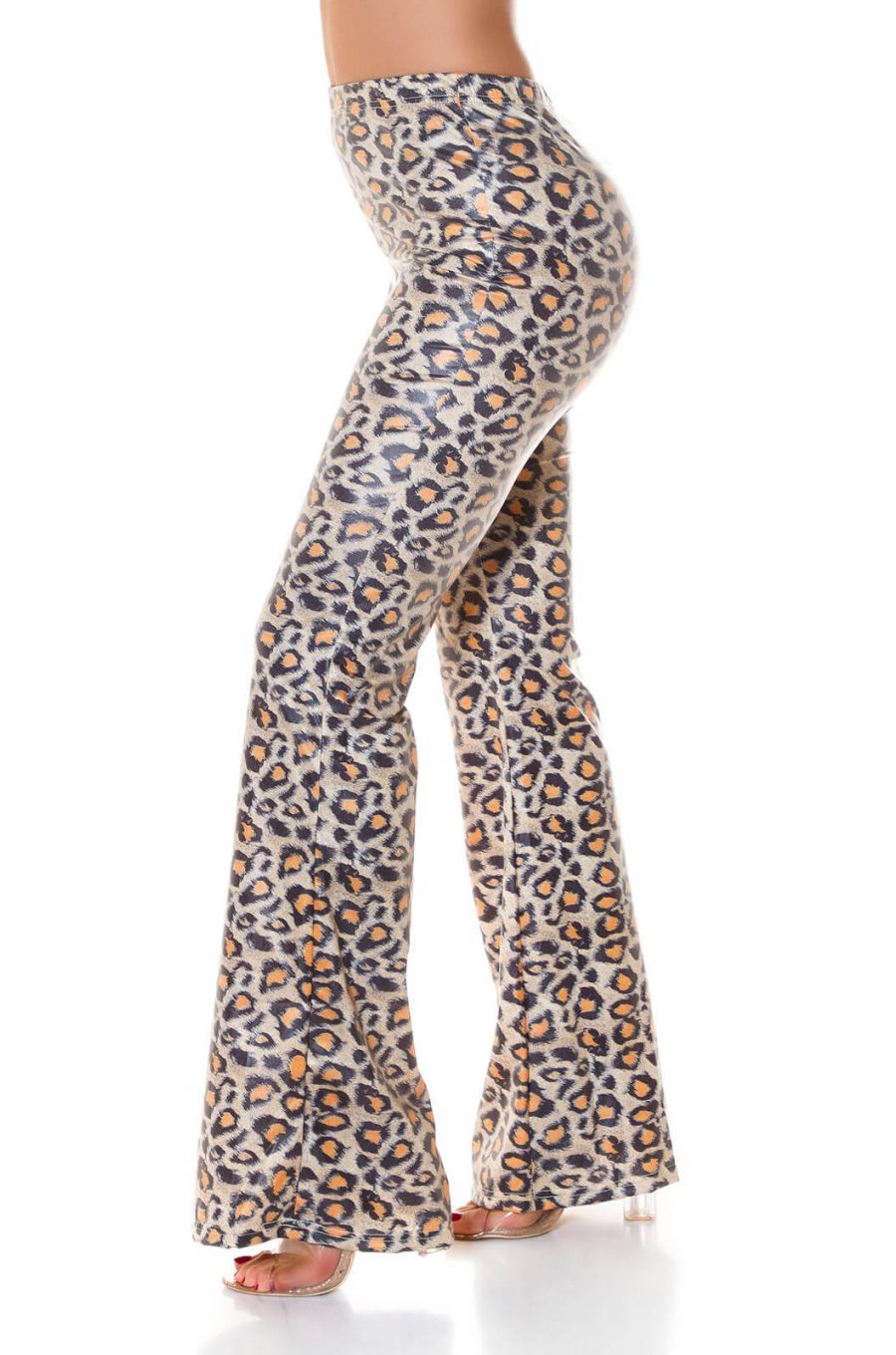 Pantaloni dama evazati WetLook animal print leopard Asya 2 - jojofashion.ro