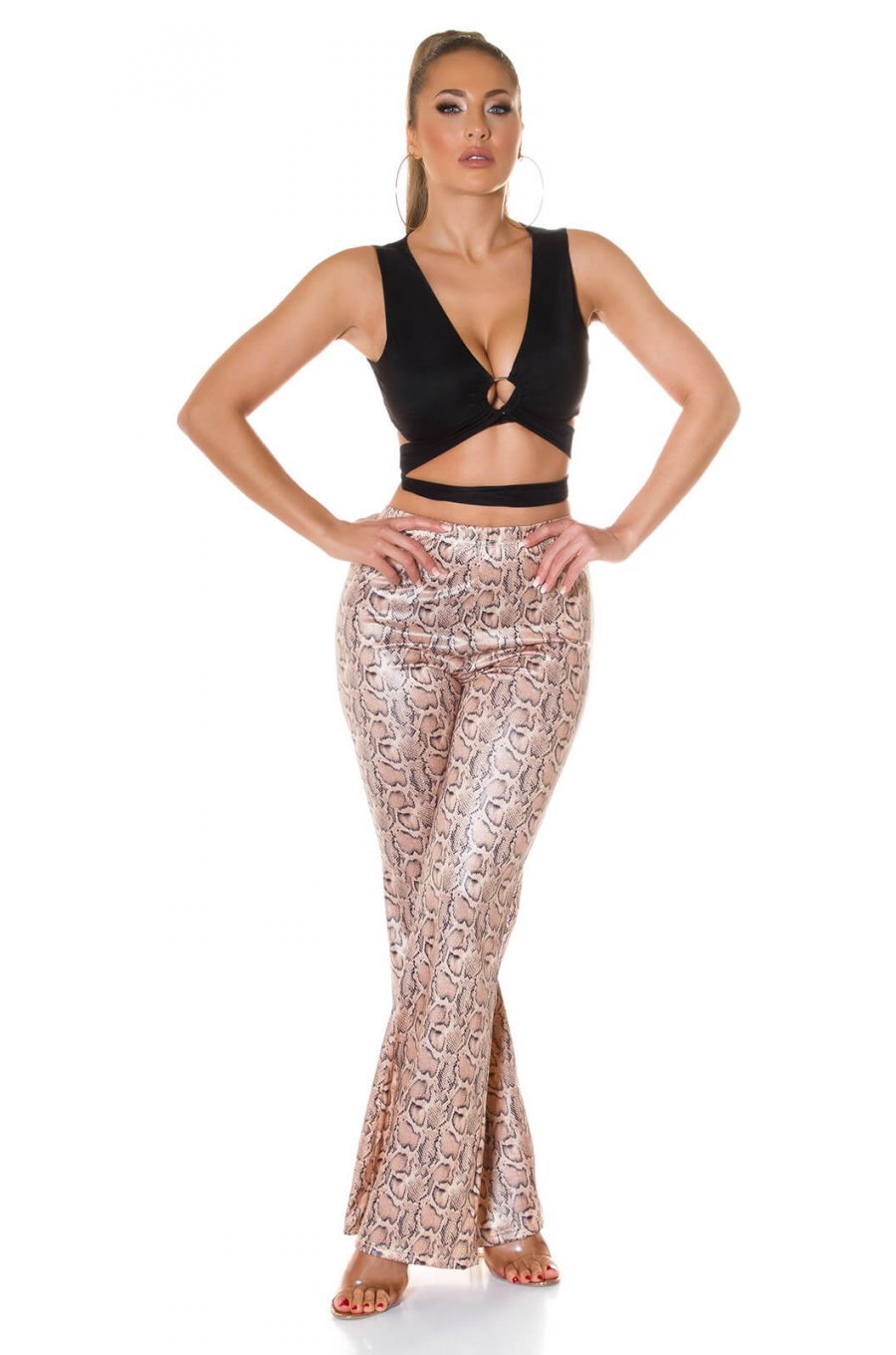Pantaloni dama evazati WetLook animal print snake Asya 3 - jojofashion.ro