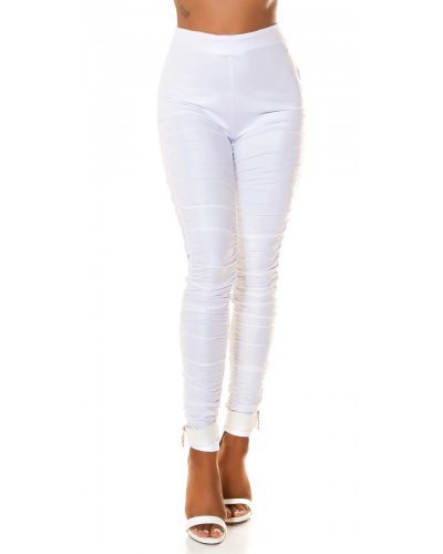 Pantaloni dama casual albi incretiti cu talia inalta WetLook Kelne - jojofashion.ro