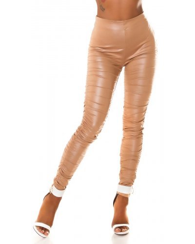 Pantaloni dama casual cappuccino incretiti cu talia inalta WetLook Kelne - jojofashion.ro