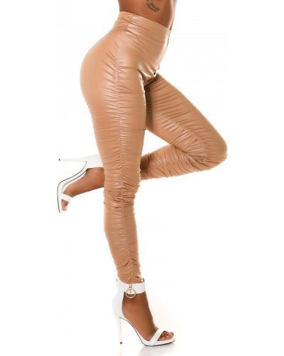 Pantaloni dama casual cappuccino incretiti cu talia inalta WetLook Kelne - jojofashion.ro