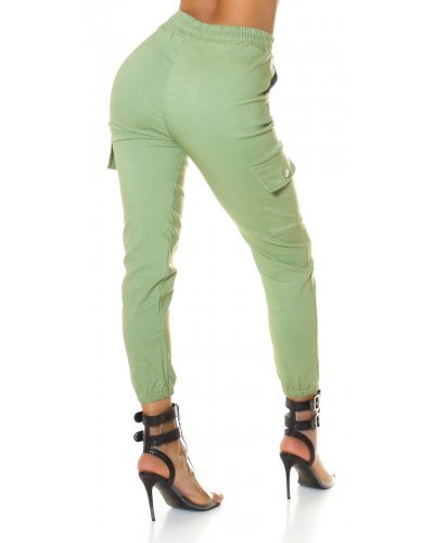 Pantaloni dama kaki cargo cu buzunare aplicate Haru - jojofashion.ro