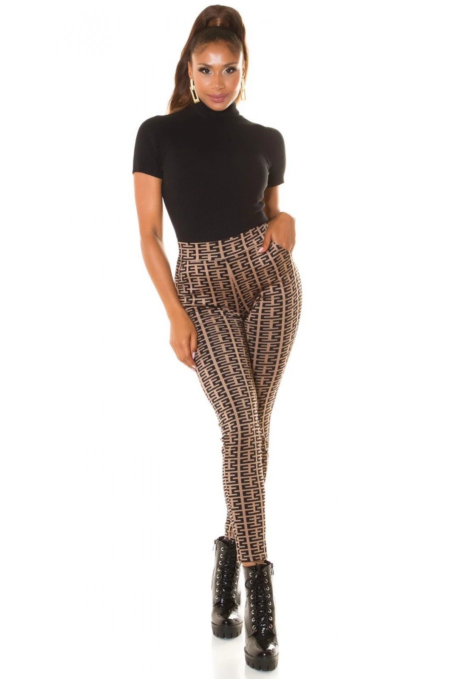 Pantaloni dama mulati cappuccino cu print negru cu talia inalta Rubine 3 - jojofashion.ro