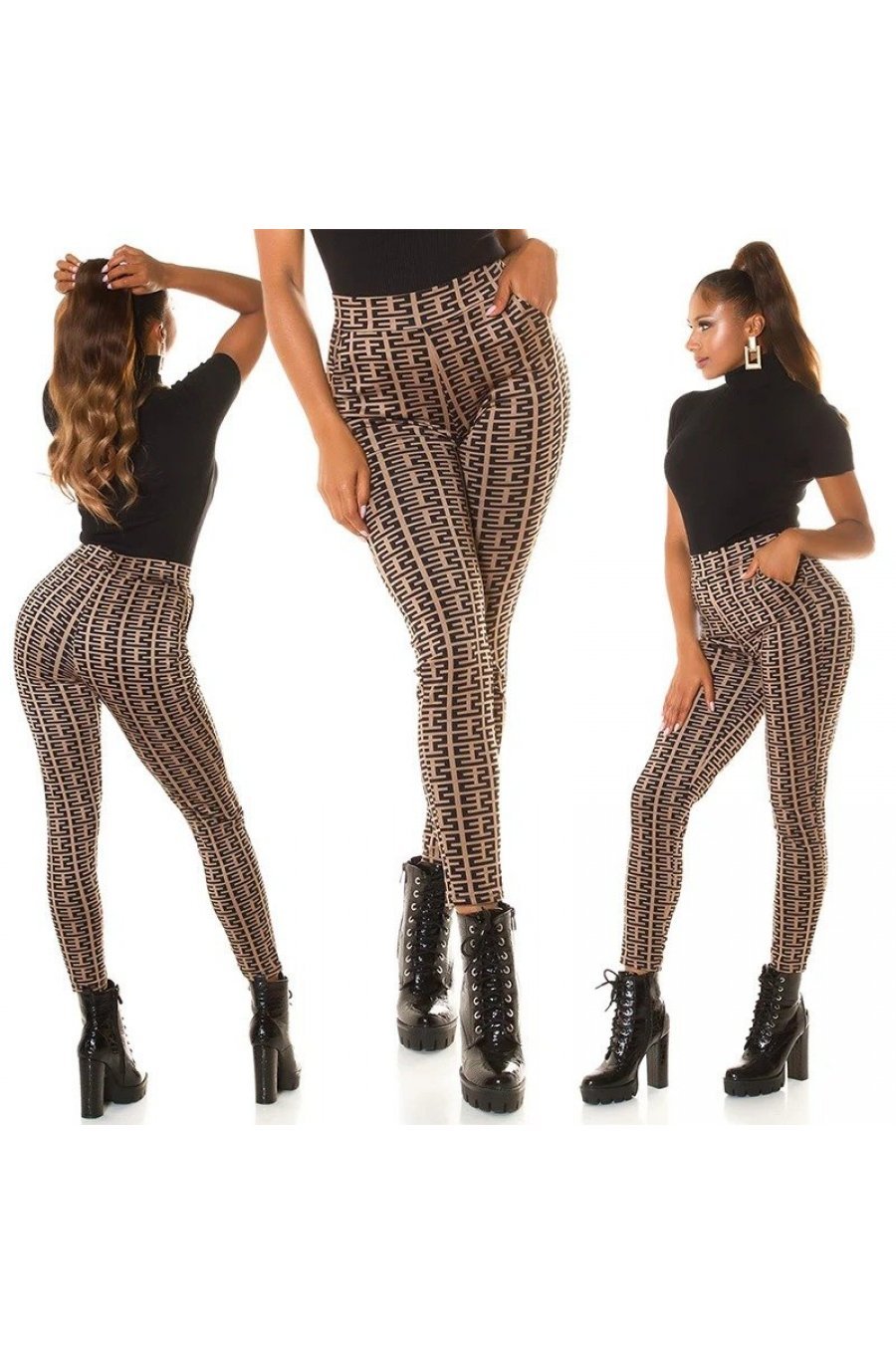 Pantaloni dama mulati cappuccino cu print negru cu talia inalta Rubine 5 - jojofashion.ro