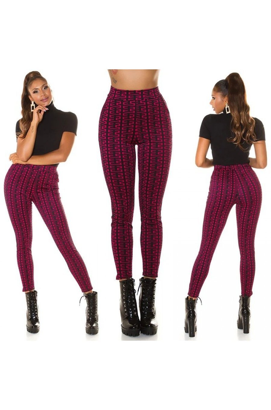 Pantaloni dama mulati negri cu print roz cu talia inalta Rubine 4 - jojofashion.ro