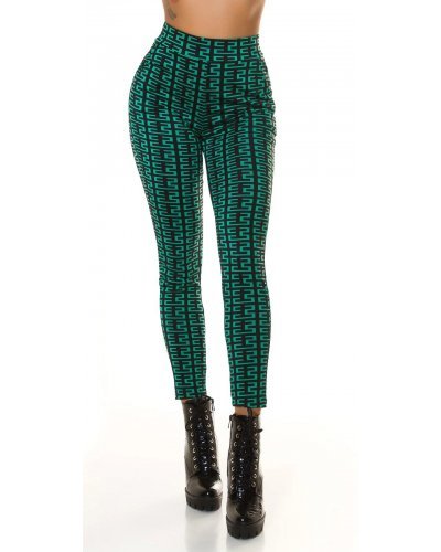 Pantaloni dama mulati negri cu print verde cu talia inalta Rubine - jojofashion.ro