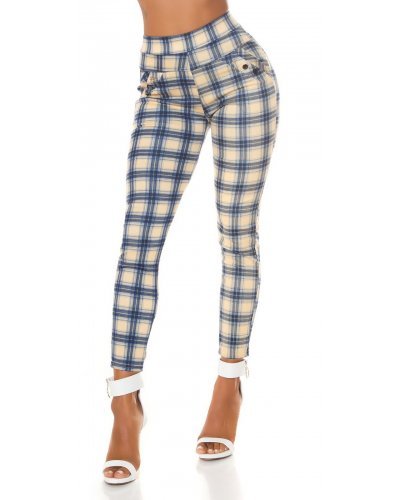Pantaloni dama mulati, in carouri, bleumarin navy, cu talia inalta, treggings, Sude - jojofashion.ro