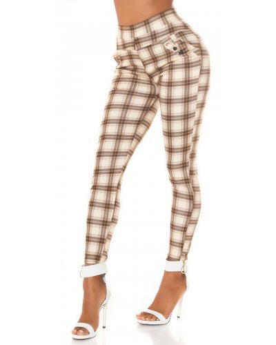 Pantaloni dama mulati, in carouri, cappuccino, cu talia inalta, treggings, Sude - jojofashion.ro