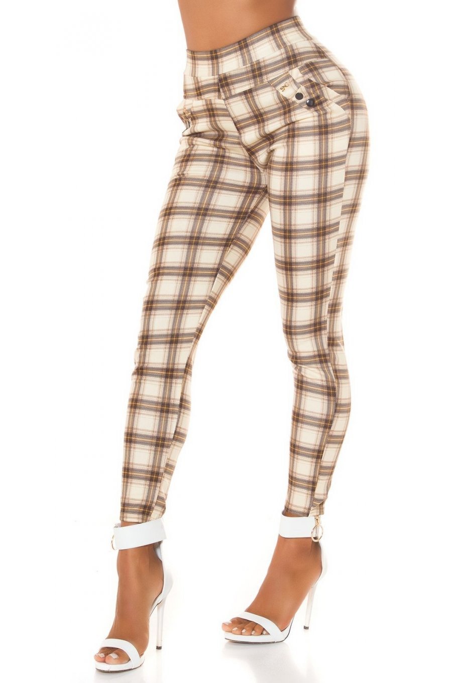 Pantaloni dama mulati, in carouri, cappuccino, cu talia inalta, treggings, Sude 1 - jojofashion.ro