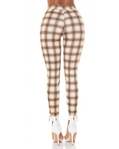 Pantaloni dama mulati, in carouri, cappuccino, cu talia inalta, treggings, Sude - jojofashion.ro