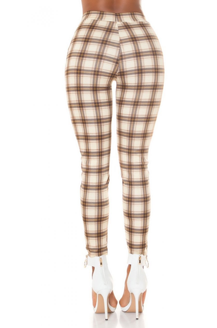 Pantaloni dama mulati, in carouri, cappuccino, cu talia inalta, treggings, Sude 2 - jojofashion.ro