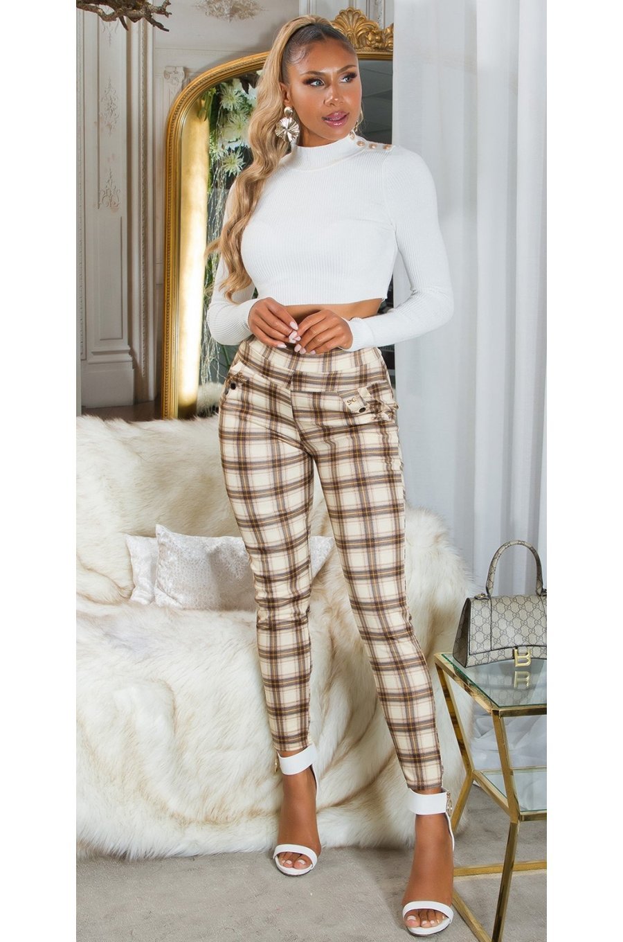 Pantaloni dama mulati, in carouri, cappuccino, cu talia inalta, treggings, Sude 3 - jojofashion.ro
