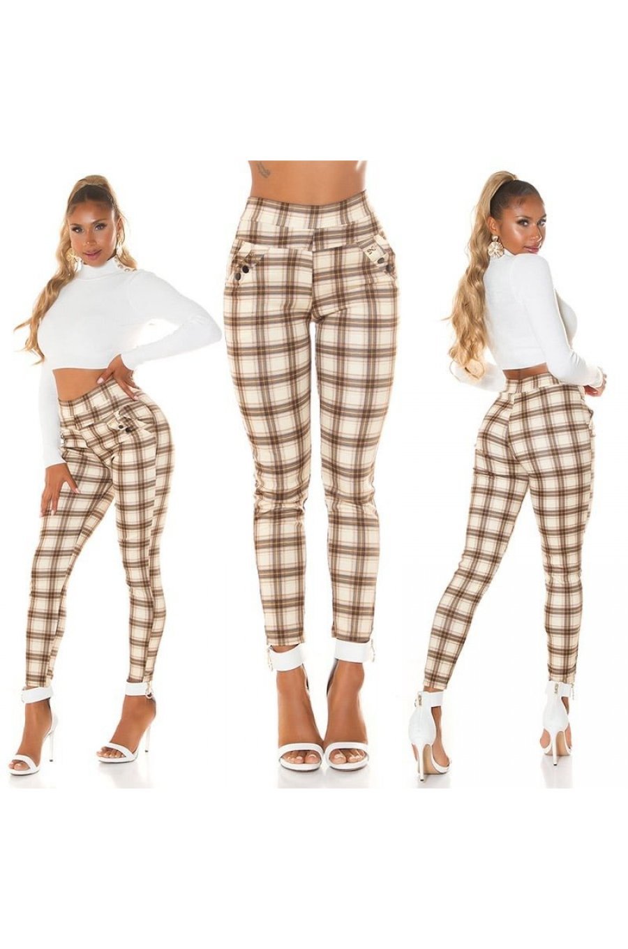 Pantaloni dama mulati, in carouri, cappuccino, cu talia inalta, treggings, Sude 7 - jojofashion.ro